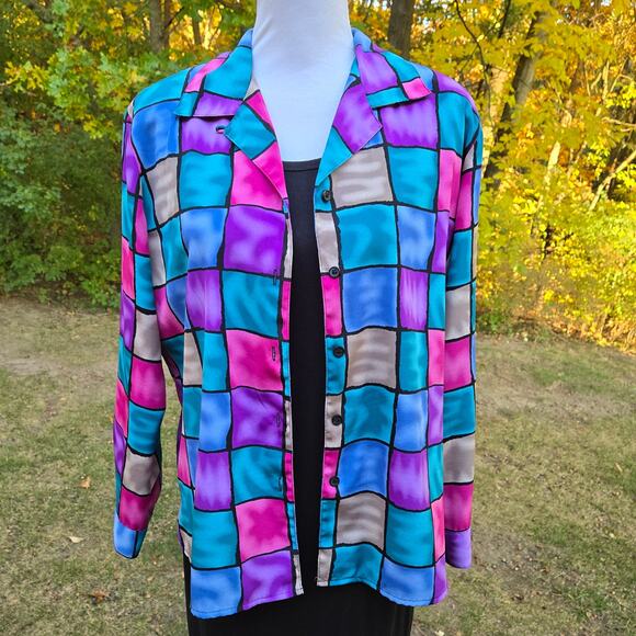 VTG Notations Blouse Shacket Multicolored Liquid Checkered Button Front Size Lrg - Picture 3 of 15